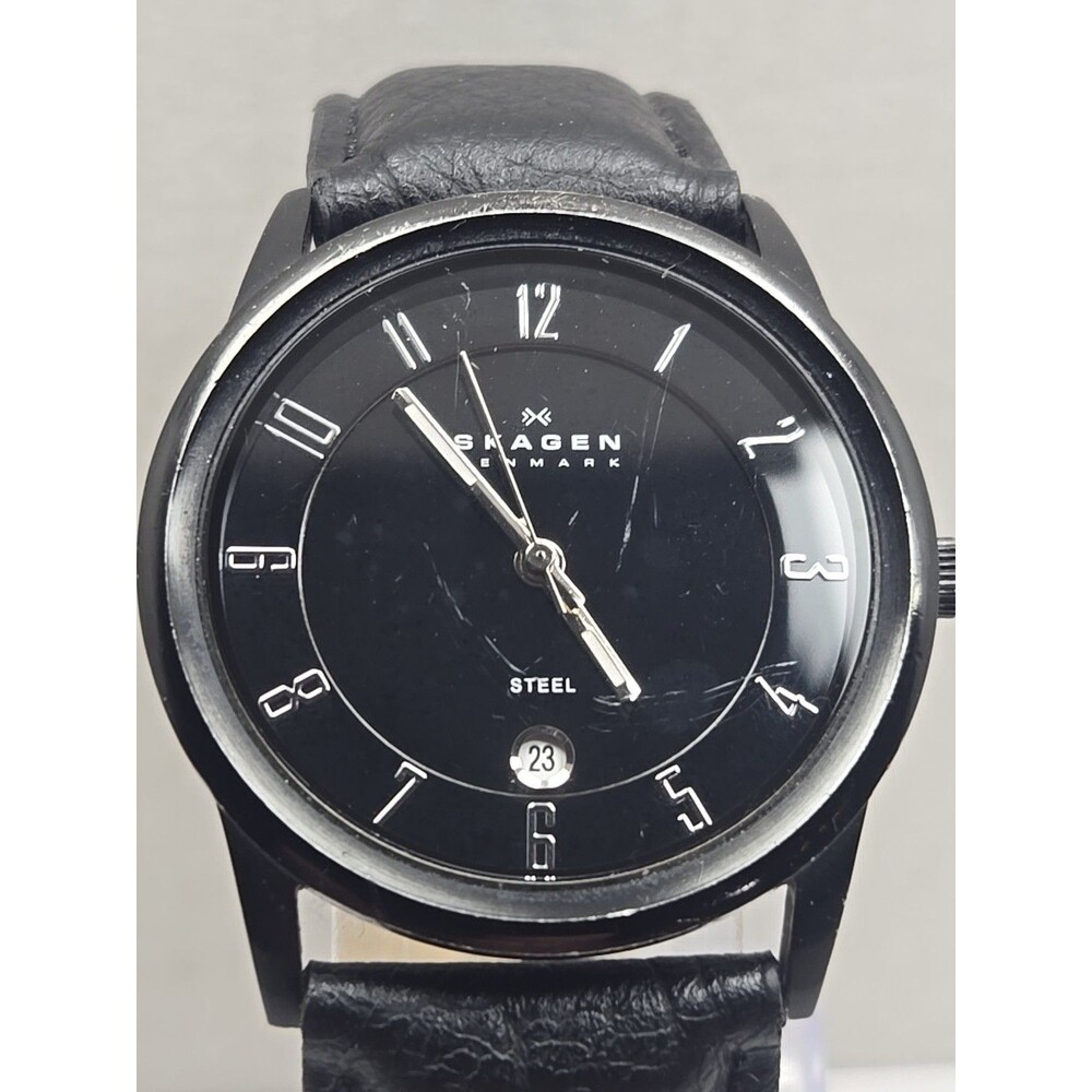 Skagen Denmark Black Stainless 38mm Date Mens Slim Watch New Battery Leather - Picture 4 of 12